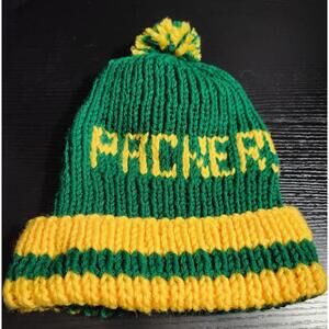 vintage Green Bay Packers NFL Knitted Home Made Stocking Beanie Hat‎ Hand Knit